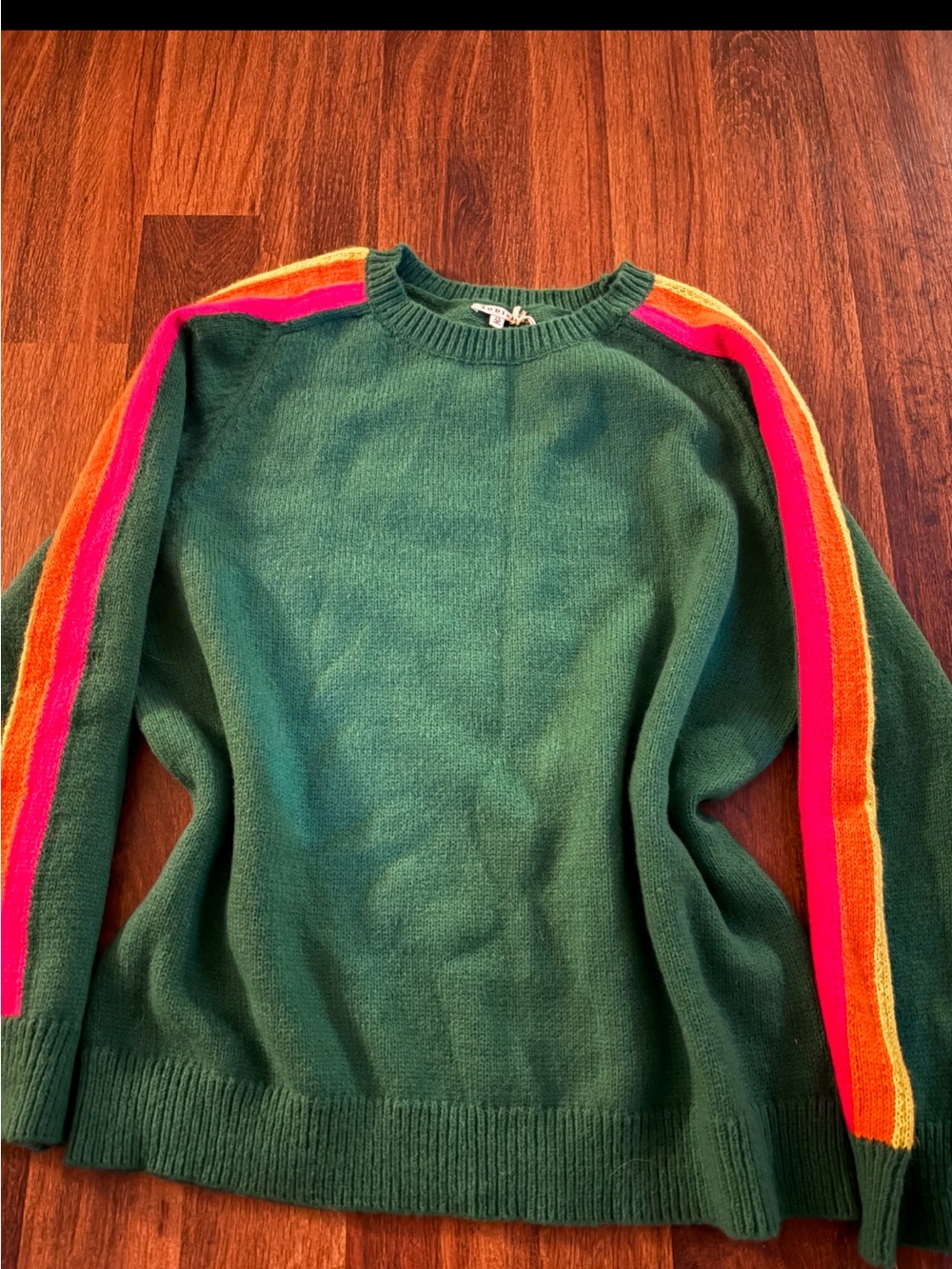 JODIFL Green Crewneck Sweater with Pink and Orange Sleeve Stripes